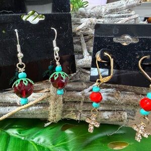 Elegant Red and Turquoise Beaded Earrings Bundle